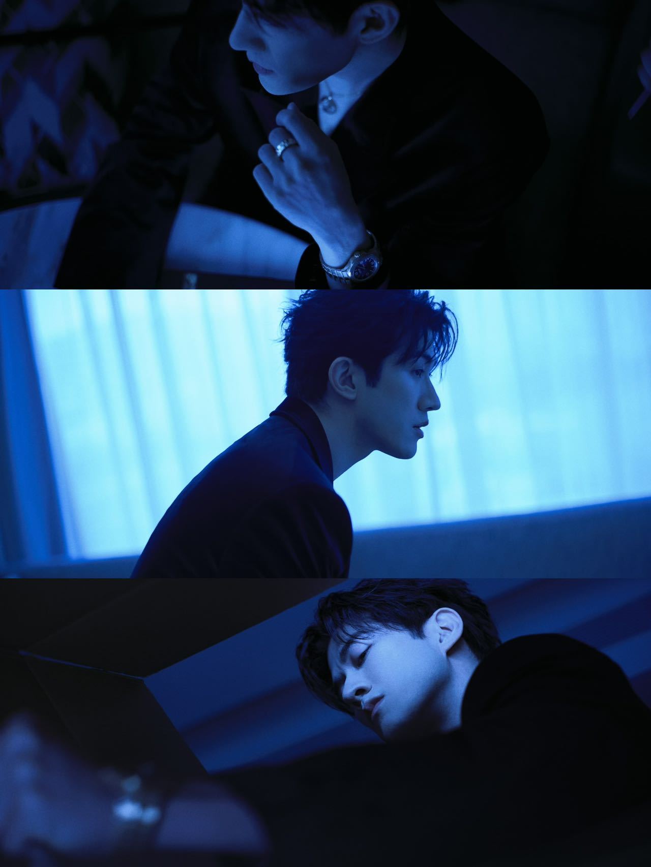  李治廷暗夜特工身份藏不住了 李治廷暗夜蓝调滤镜神秘感拉满，黑西装造型冷冽禁欲！