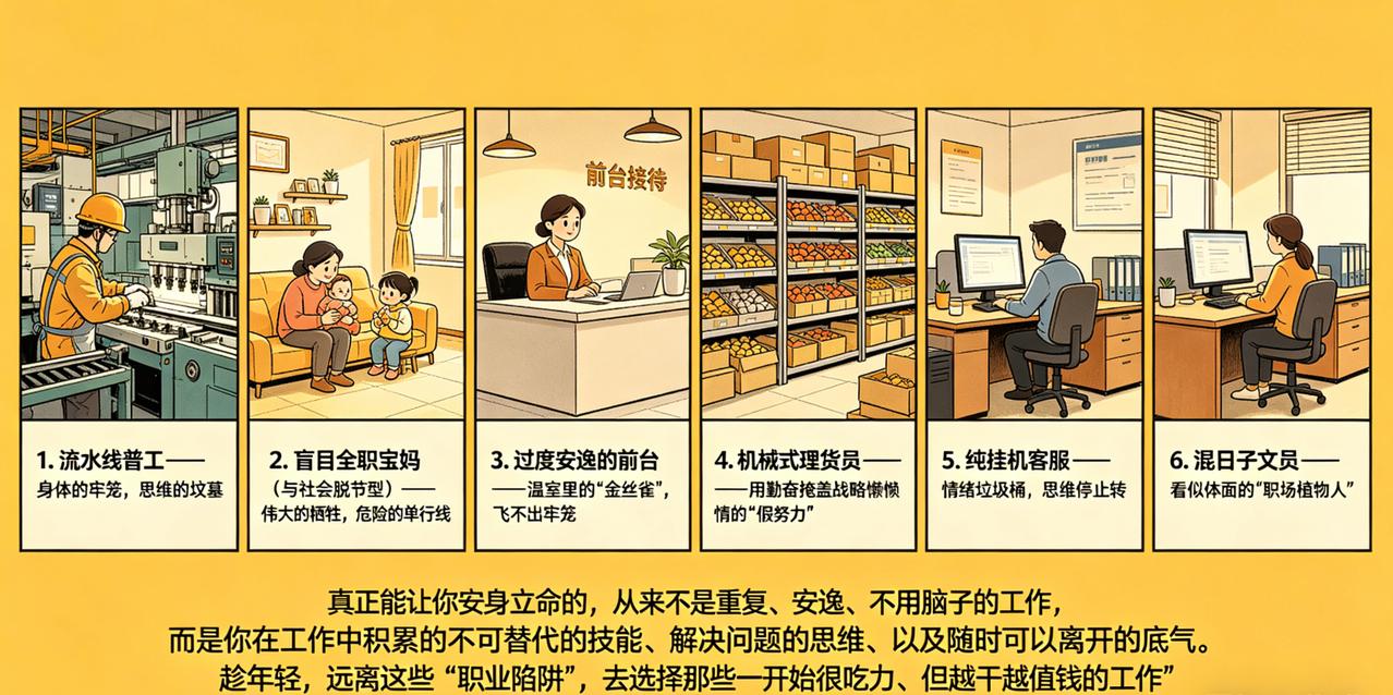 废掉一个年轻人最快的6种工作，千万别长期干
1. 流水线普工——身体的牢笼，思维