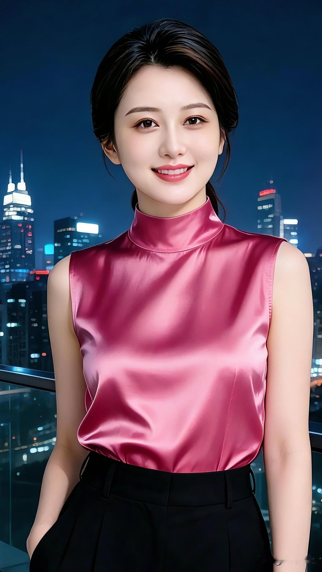都市夜色氛围感拉满，缎面上衣尽显干练优雅。于城市高楼之间，沉淀一份从容，活出属于