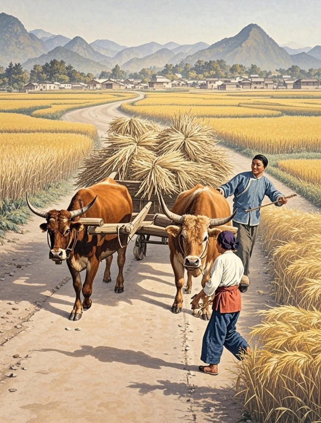 农村60-70年代的丰收时牛拉大车的场景...