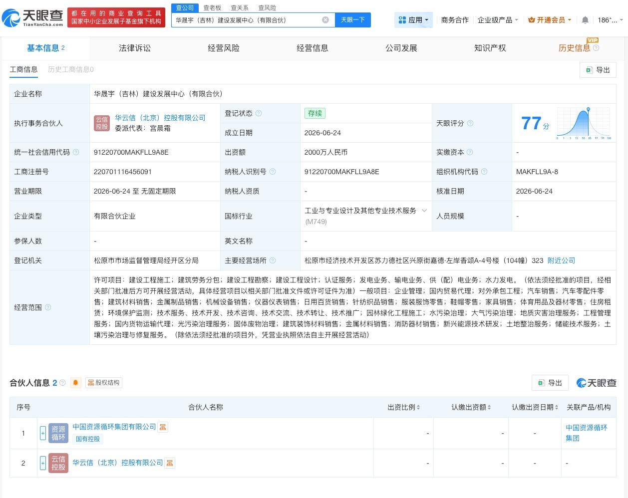 中国资源循环集团等在吉林成立合伙企业
 出资额2000万
天眼查App显示，近日