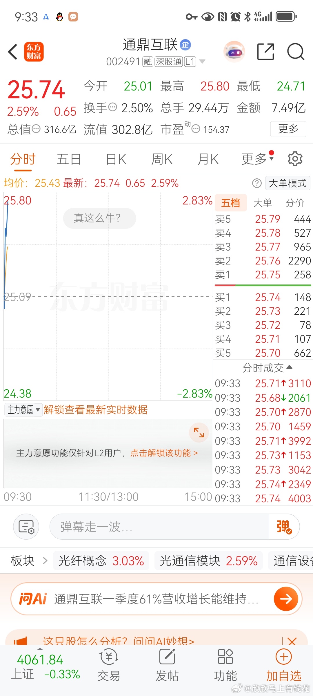 通鼎互联$通鼎互联 sz002491$ 来了来了，它真的来了，她踩着高跟鞋走过来