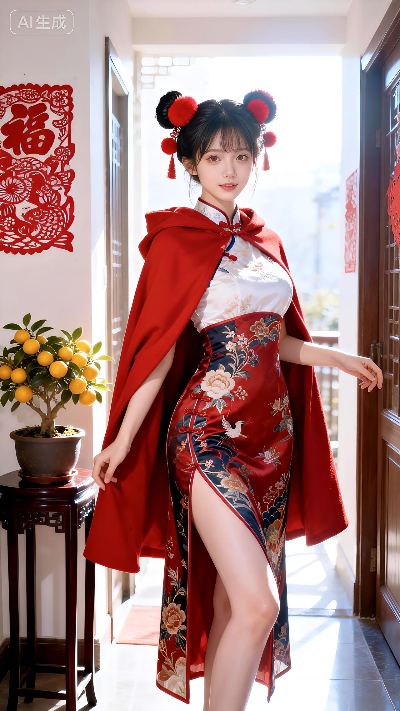 新年生活图鉴玄关迎春，红装少女俏立金桔旁，剪纸映照笑意，开启新年吉祥如意。豆包 