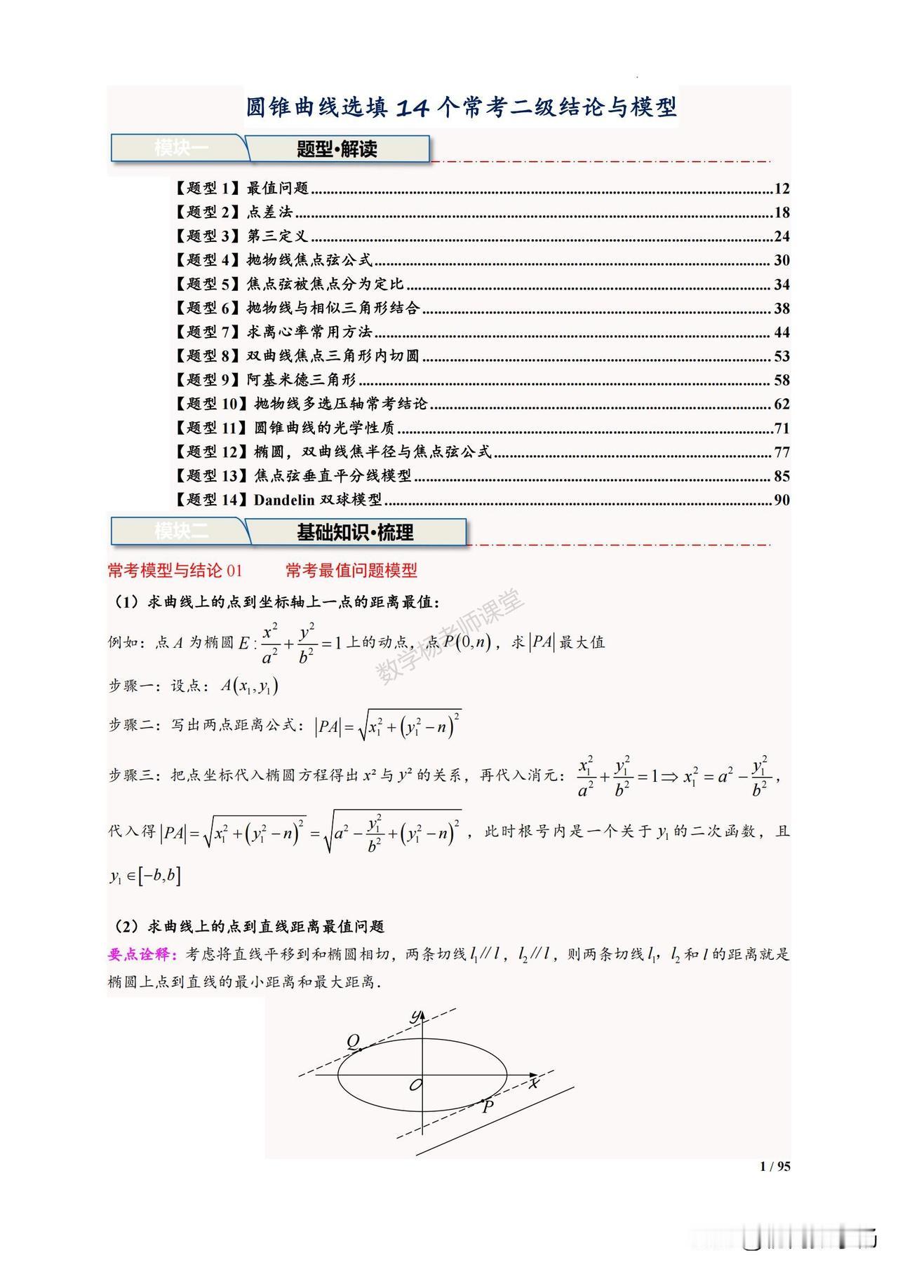 高三数学冲刺培优——圆锥曲线解题技巧、大招总结
难点：阿基米德三角形、点差法