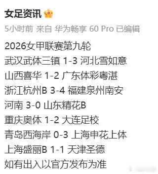 【女足黑板报】4598） 女甲战罢第九轮                    