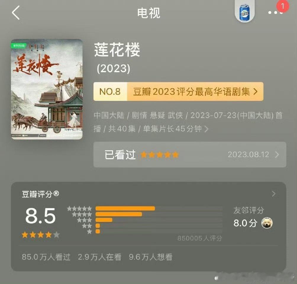 成毅《莲花楼》豆瓣打分人数破85万啦！真长尾爆剧🔥 ​​​