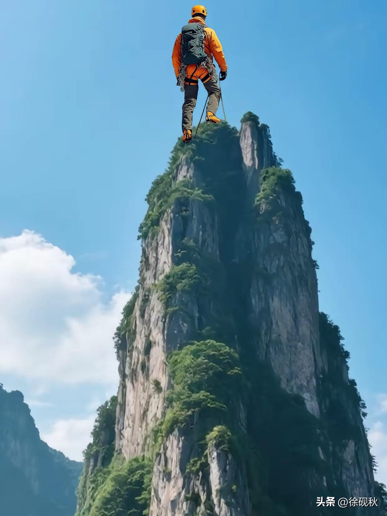 七绝·登峰
  凌峰昂首破云天，
背负行囊意更坚。
万壑千岩皆在目，
雄心壮志冲