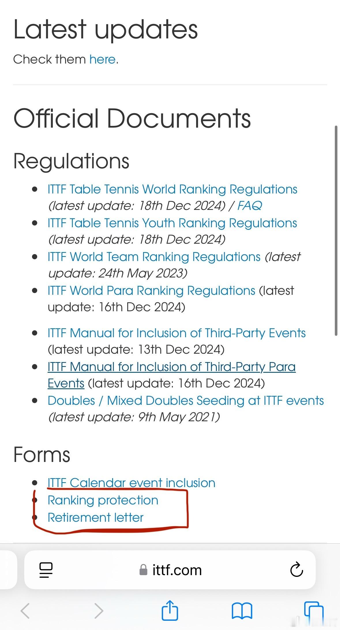 仔细研究ITTF官网可以发现，申请排名保护的文件和樊振东陈梦签署的退役声明文件是