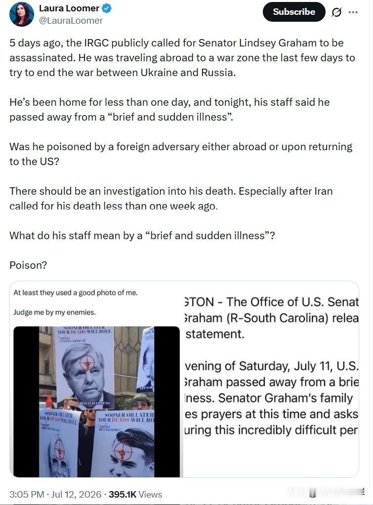 Laura Loomer：
“五天前，IRGC公开呼吁刺杀参议员Lindsey 