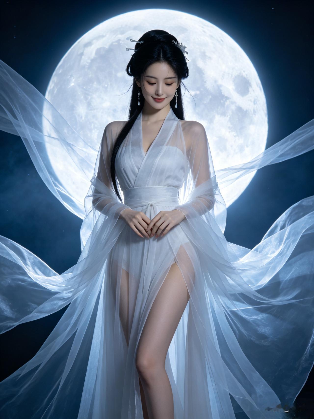 广寒宫清冷，桂香漫过千年，今夜我卸下仙籍，踏月而来。

风卷起素白衣袂，纱带如流