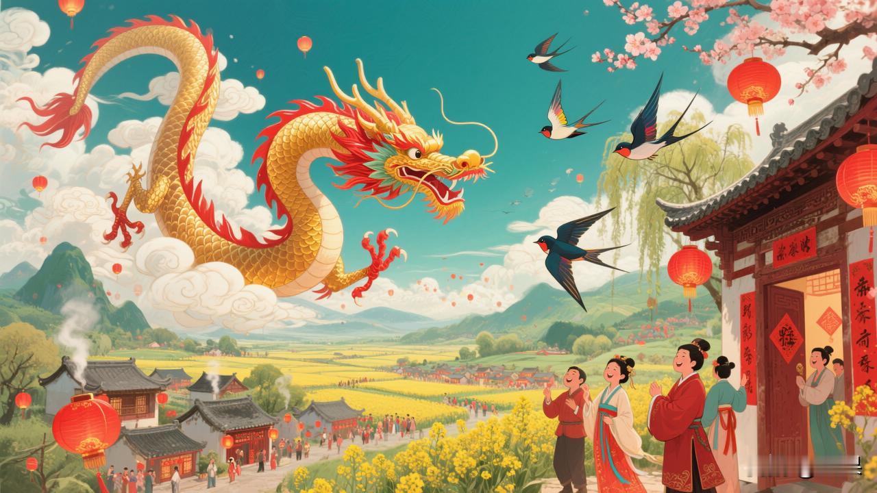 赏析：这幅下联“燕舞九州万家春”与上联“龙腾四海千家乐”相映成趣。从对仗上看，“