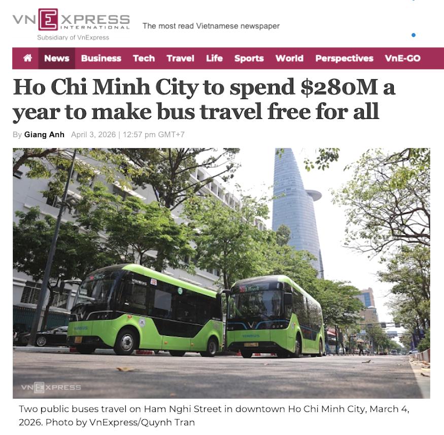越南胡志明市将每年花费2.8亿美元让所有人都能免费乘坐公交车，为了遏制交通拥堵和