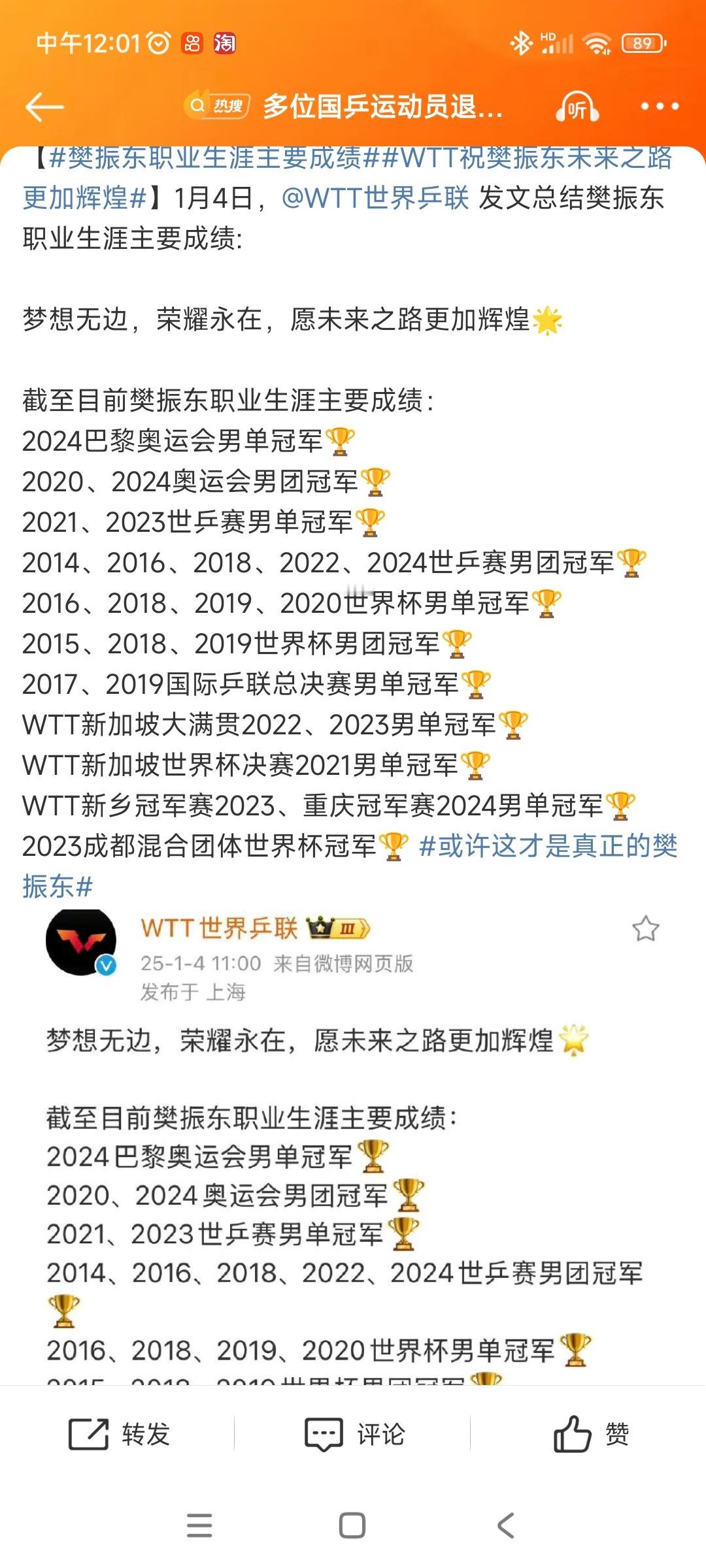 樊振东职业生涯主要成绩 樊振东职业生涯的主要成绩包括25个世界级冠军头衔。主要成