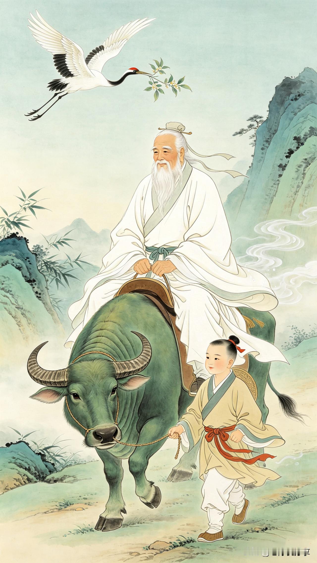 鹧鸪天·老子出关

紫气东来绕翠峦，青牛徐步出函关。
白鹤衔芝云外至，童子牵绳涧