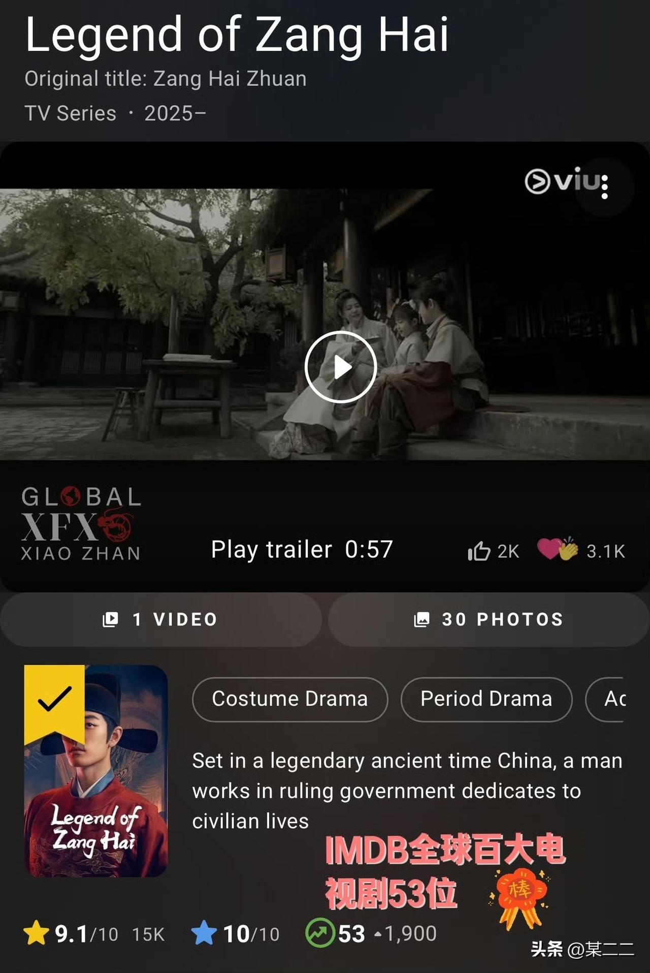 去年今日又是《藏海传》值得纪念的一天，全球热播重要成绩之一： 藏海传开播后17天