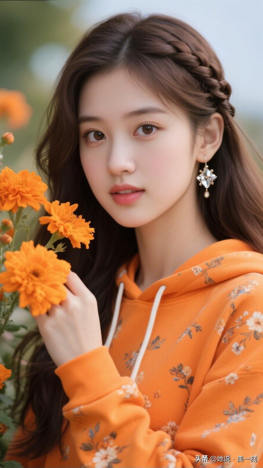 温柔少女与橙色花海，甜美与自然的完美融合。你镜头下的蔷薇花有多美