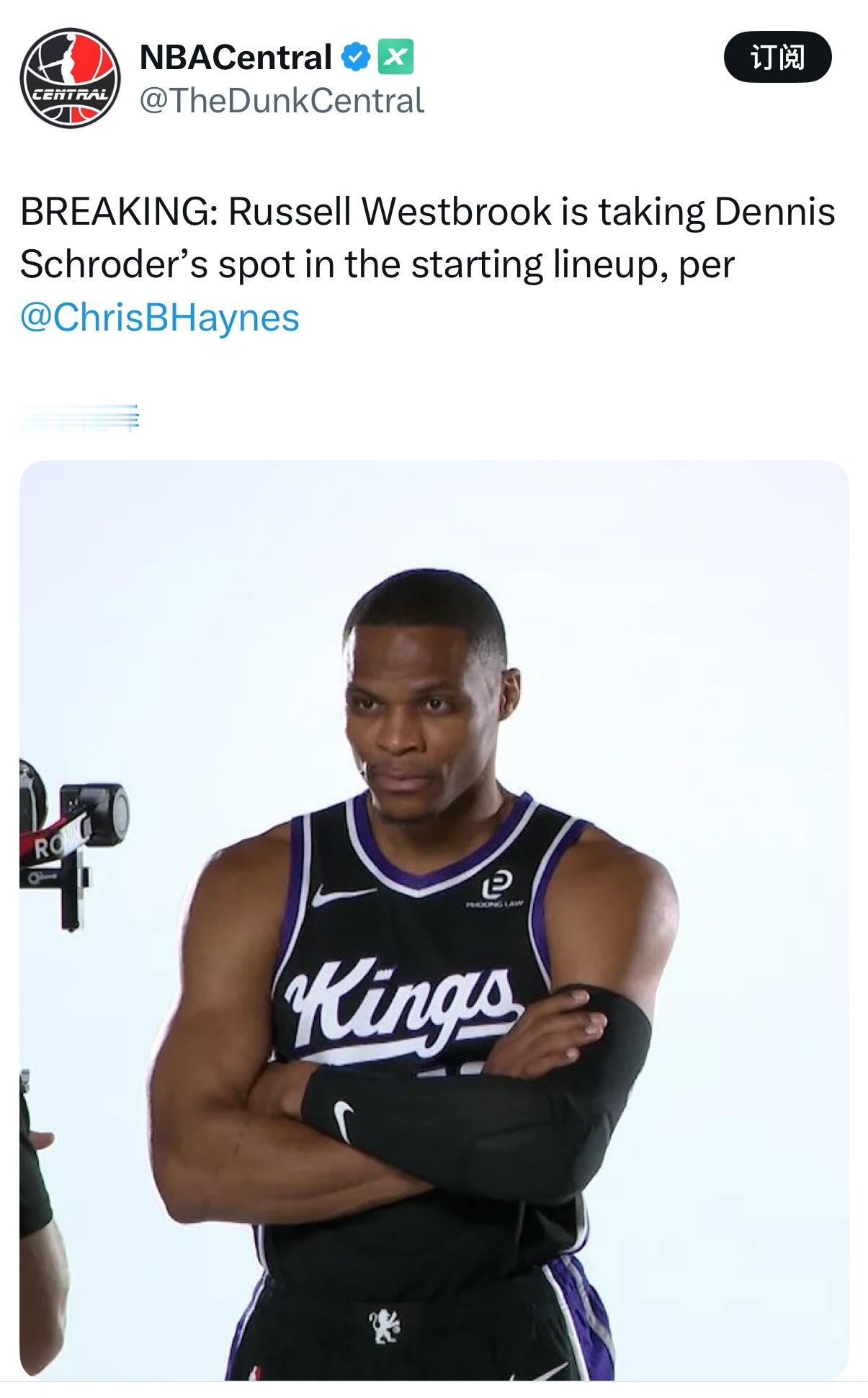 Haynes：威少取代施罗德进入国王首发 
