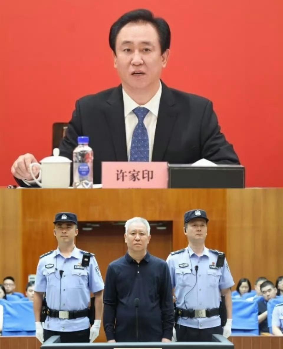 两张照片，恍如隔世。台上意气风发，被告席满头白发，许家印的起落，背后是无数普通人