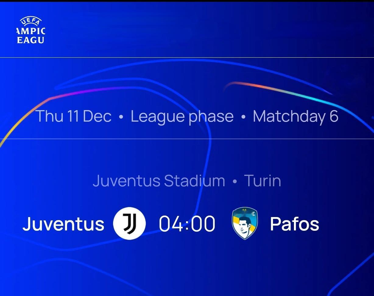 欧冠第6轮周四4点尤文主场对阵帕福斯。

主裁判:西班牙人赫苏斯·吉尔·曼萨诺（