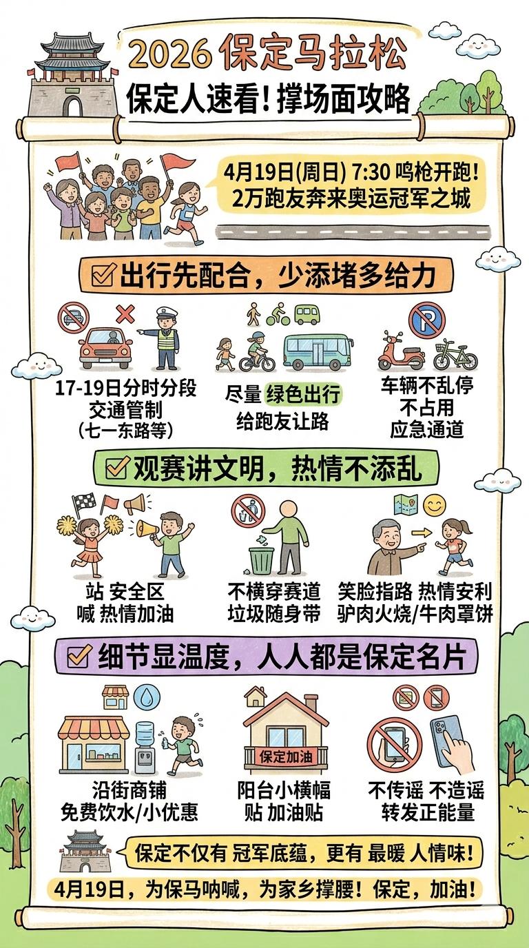 保定马拉松是咱们每一个保定人的事！
咱们多一份理解、多一份配合、多一份热情，就能