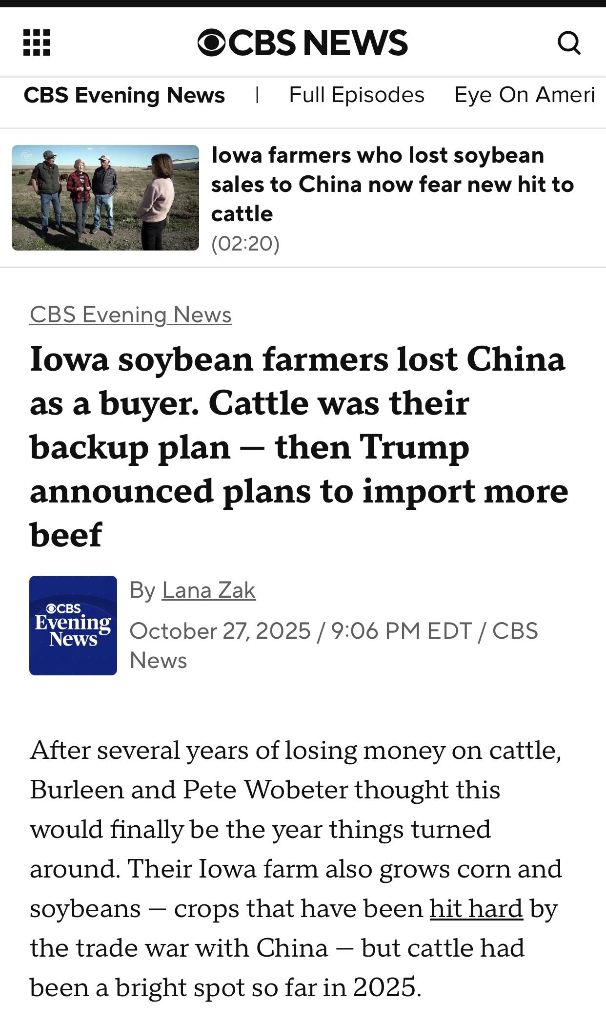 美媒：大豆农和养牛户都受到了关税影响

美国哥伦比亚广播公司新闻(CBS New