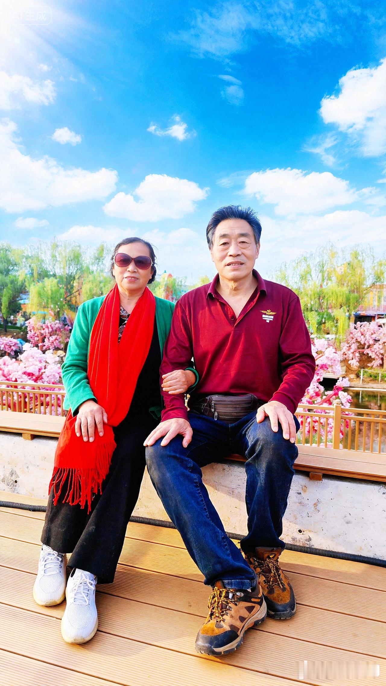 这两位看起来是“老夫老妻”的典范，坐在一起像两尊“雕塑”，稳重得仿佛能镇住整个花