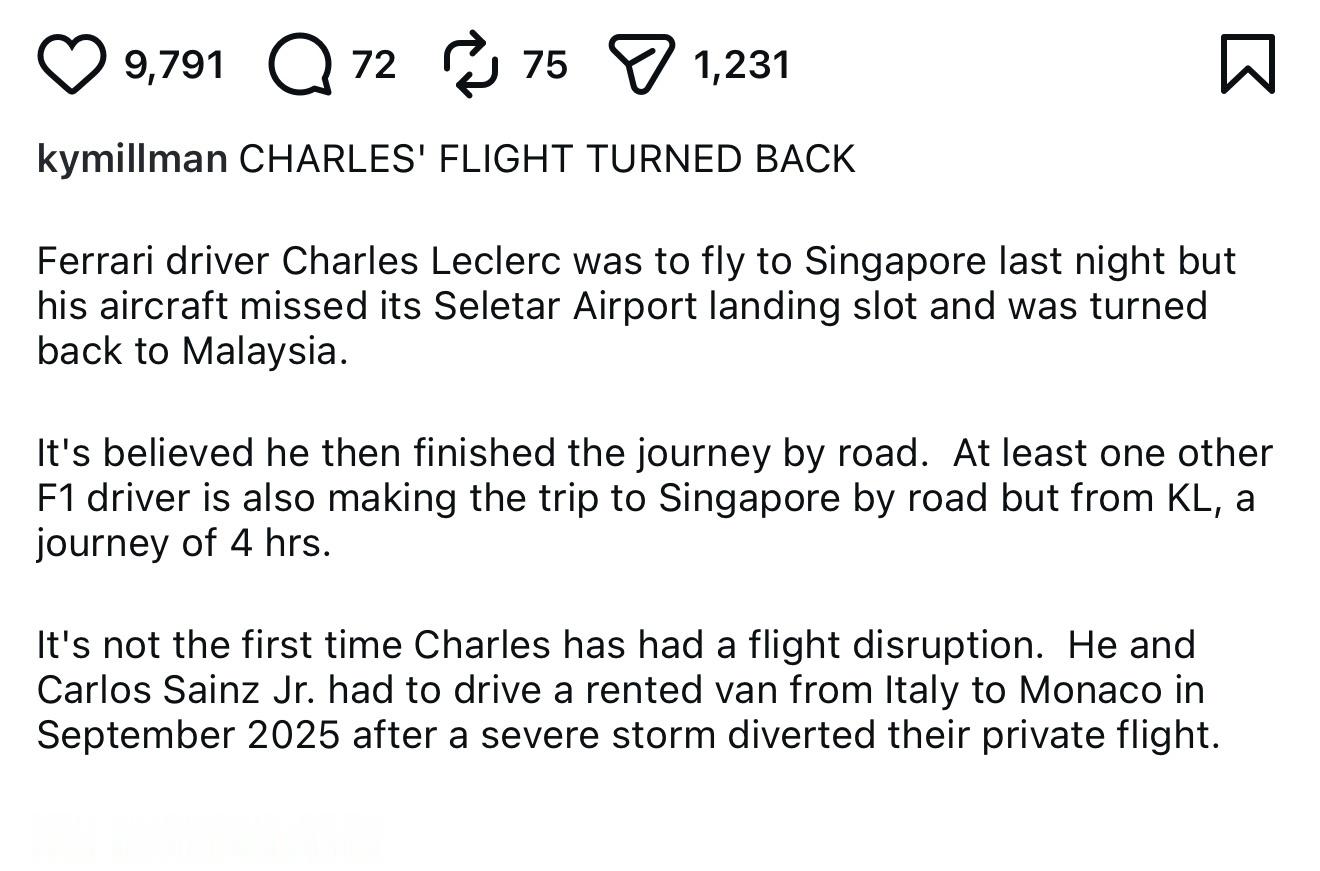 倒霉的Charles，昨天他的航班没法降落在新加坡，飞机又飞回马来，然后他从马来