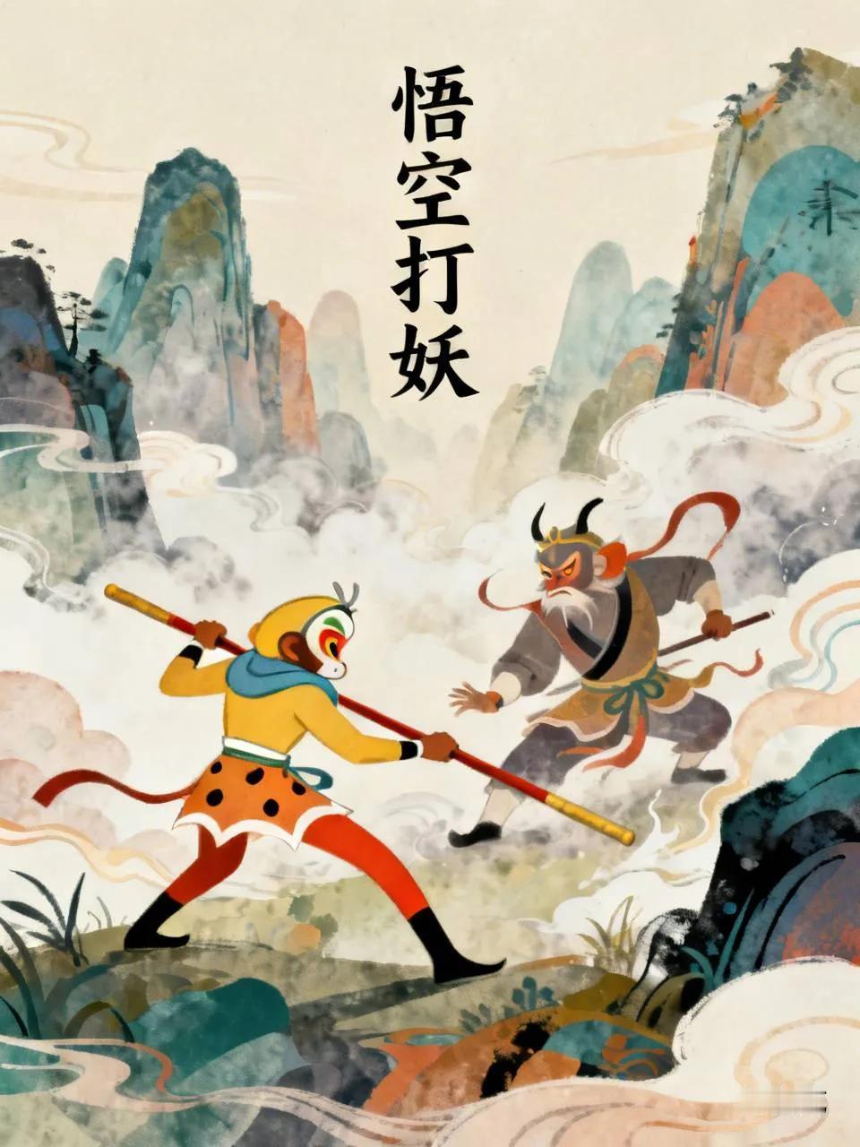 对上：悟空提棒清腐败！
出下：天女散花丽人间。
