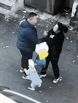 大街上，儿子跟妈妈争执起来，儿子拽着妈妈的胳膊，左手拳拳到肉打在妈妈的背上。妈妈