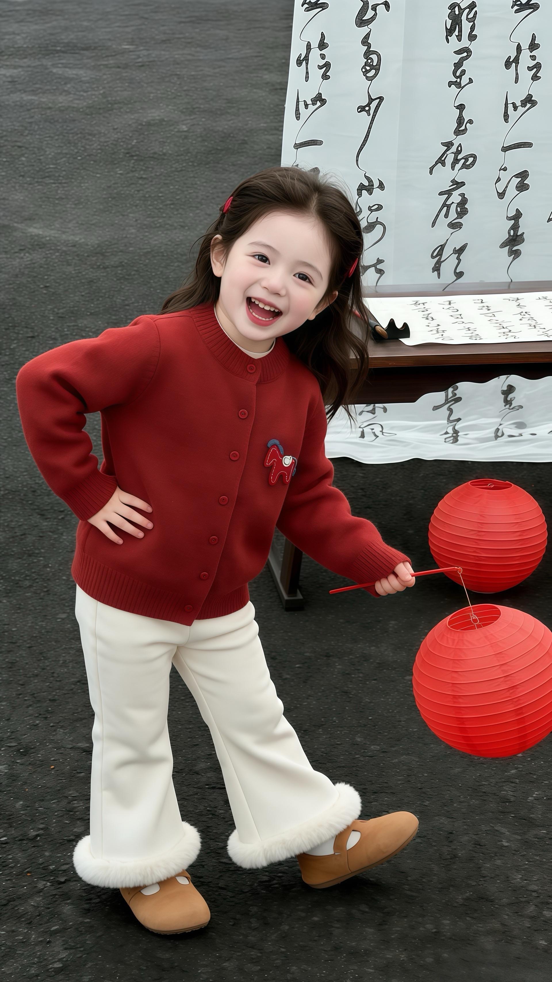 娃提着灯笼跑起来，红毛衣的小马绣像“把小福气骑在了身上”：“新的一年...