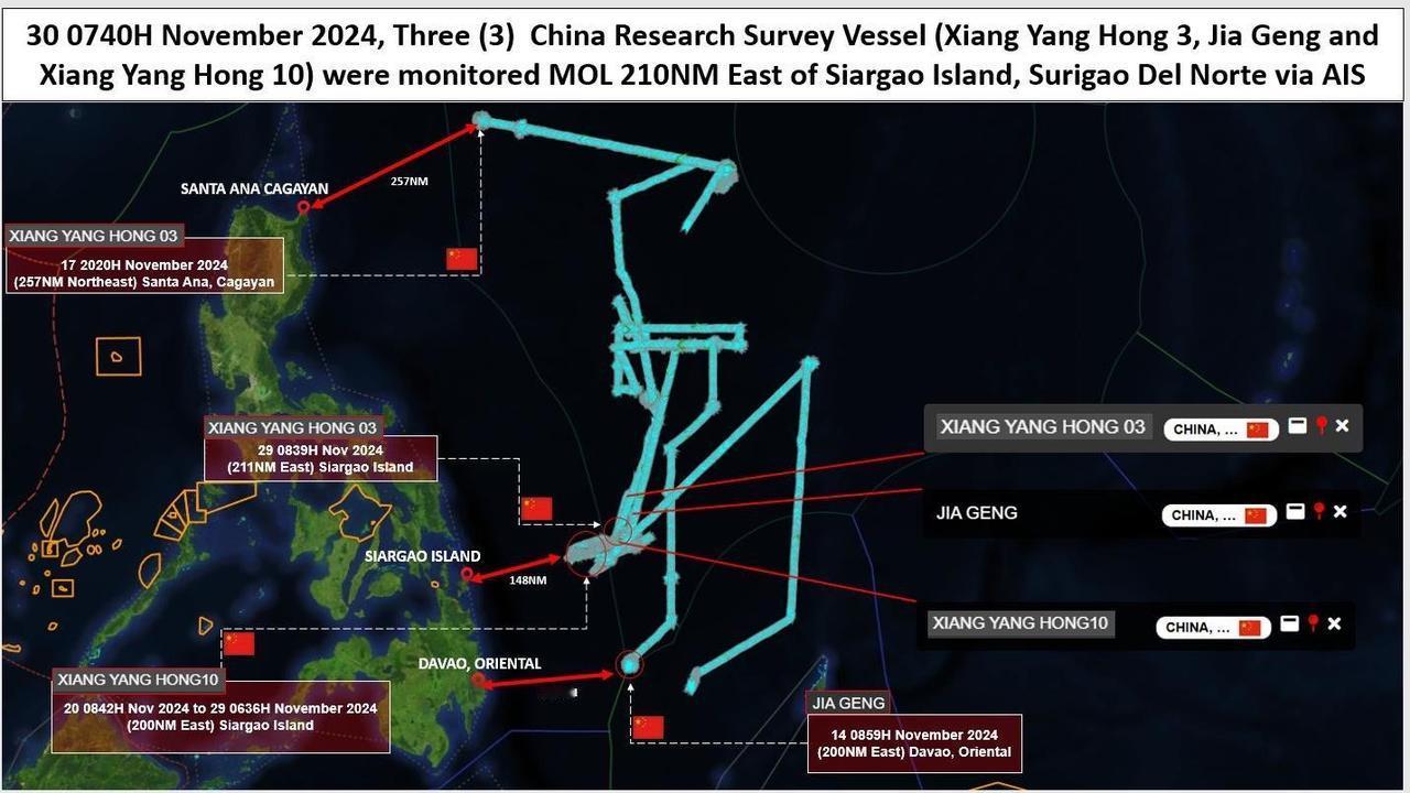 中国三艘科考船11份开始现身西太平洋，也就是菲律宾东部海域。离菲律宾本土接近20