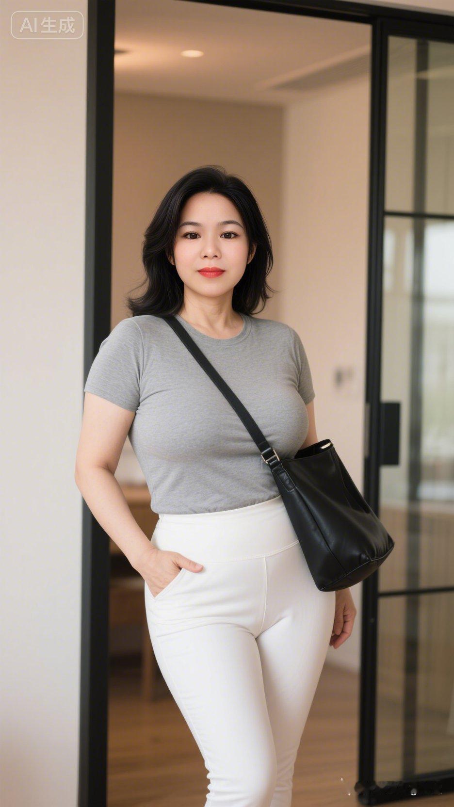 这位女士穿着休闲，看起来很时尚。