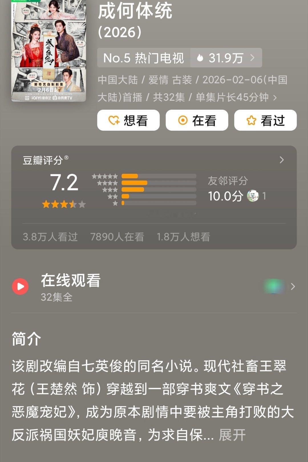 王楚然 丞磊《成何体统》开分7.2分，4.2w人打分体感有没有偏高或偏低？ 