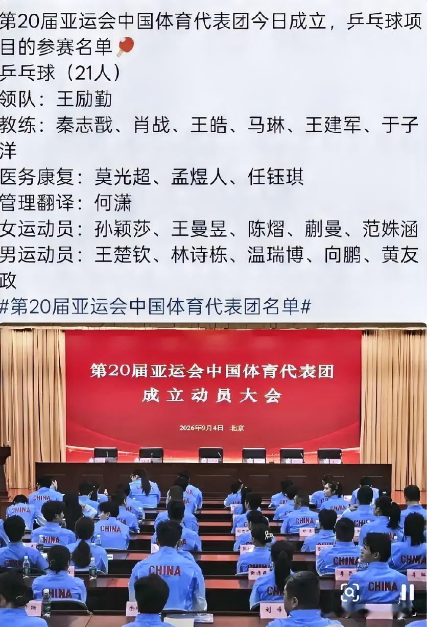 重磅！第20届亚运会中国体育代表团在北京成立，国乒21人完整出征名单正式出炉。