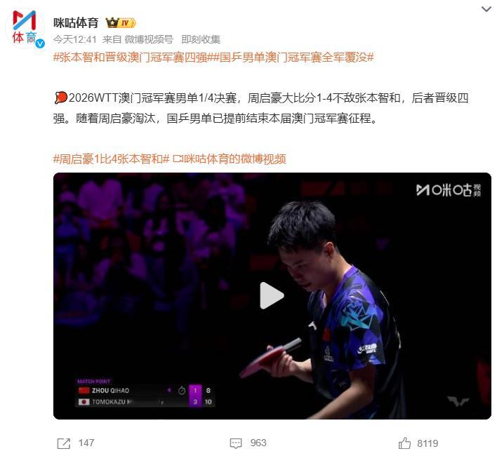 张本智和晋级澳门冠军赛四强国乒男单澳门冠军赛全军覆没太遗憾了！2026WTT澳门