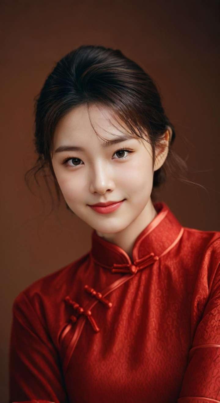 AI扩图 AI红裙浅笑