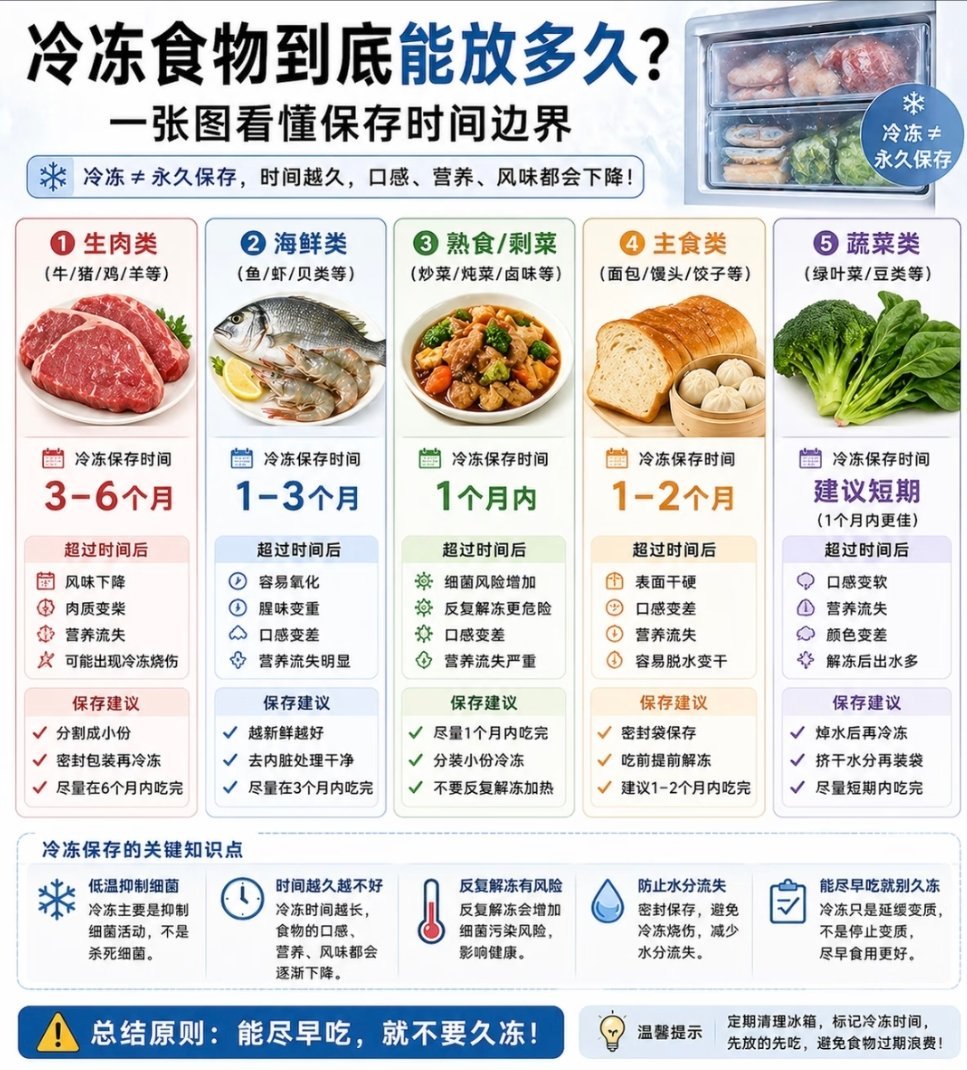 冷冻食品超过这个时间建议扔掉冷藏冷冻食品储存时间表1. 低温只能抑制细菌繁殖，无