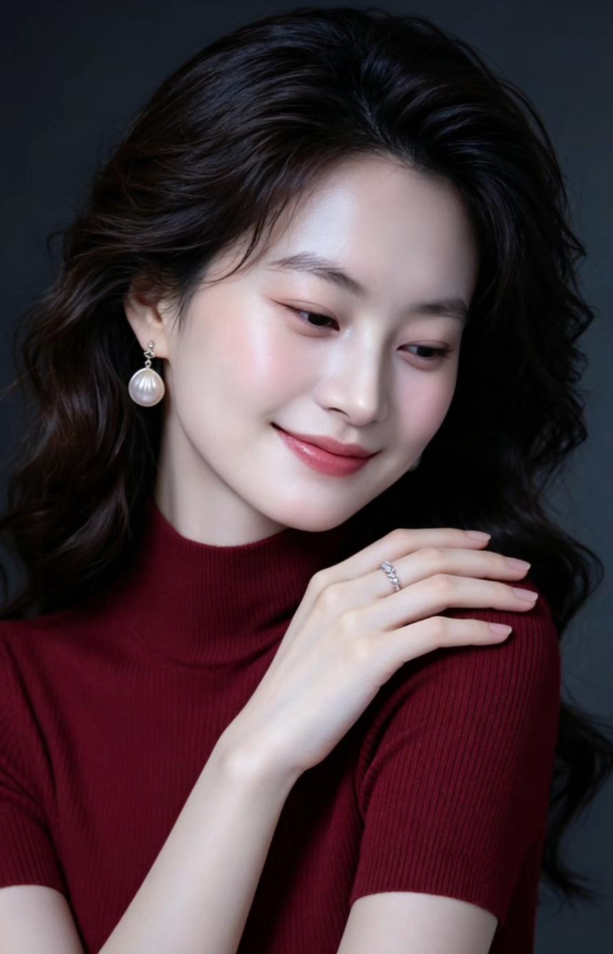 这位美女穿着红色毛衣，微笑温柔。