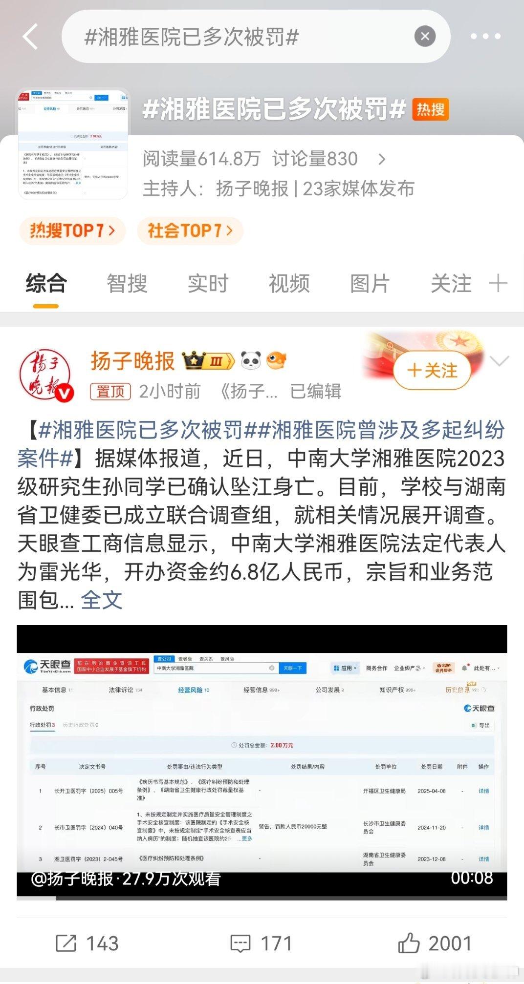 湘雅医院已多次被罚南宁晚报等账号提及的标签仅为话题关联，无实质事件补充。 