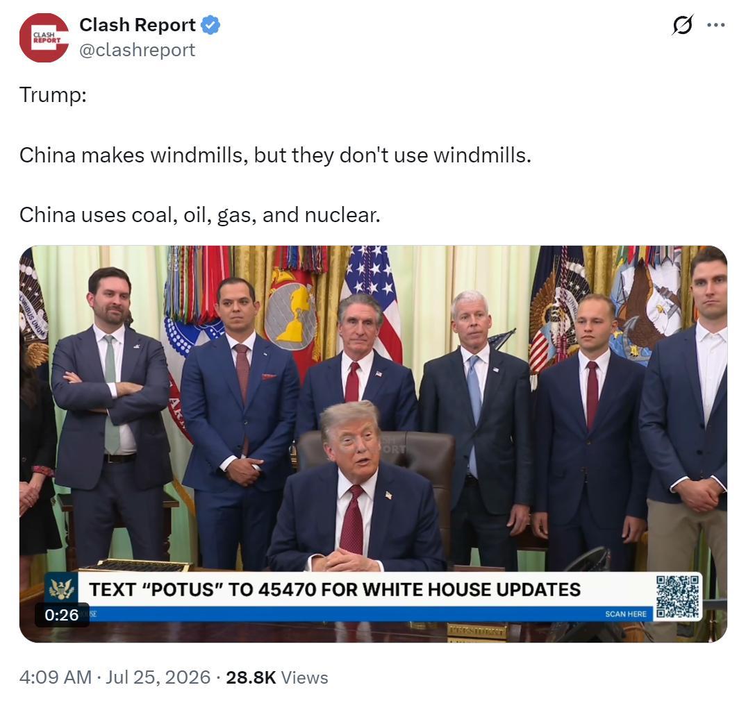 特朗普接受采访时称“中国制造但不用风力发电机，主要用传统能源”，这番言论完全站不