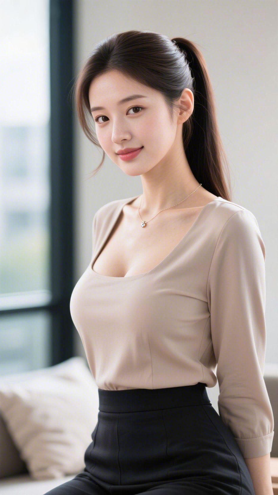 浅衫映窗，职场清欢
 
柔暖的日光漫过落地窗，落在浅米色简约上衣的面料上，利落的