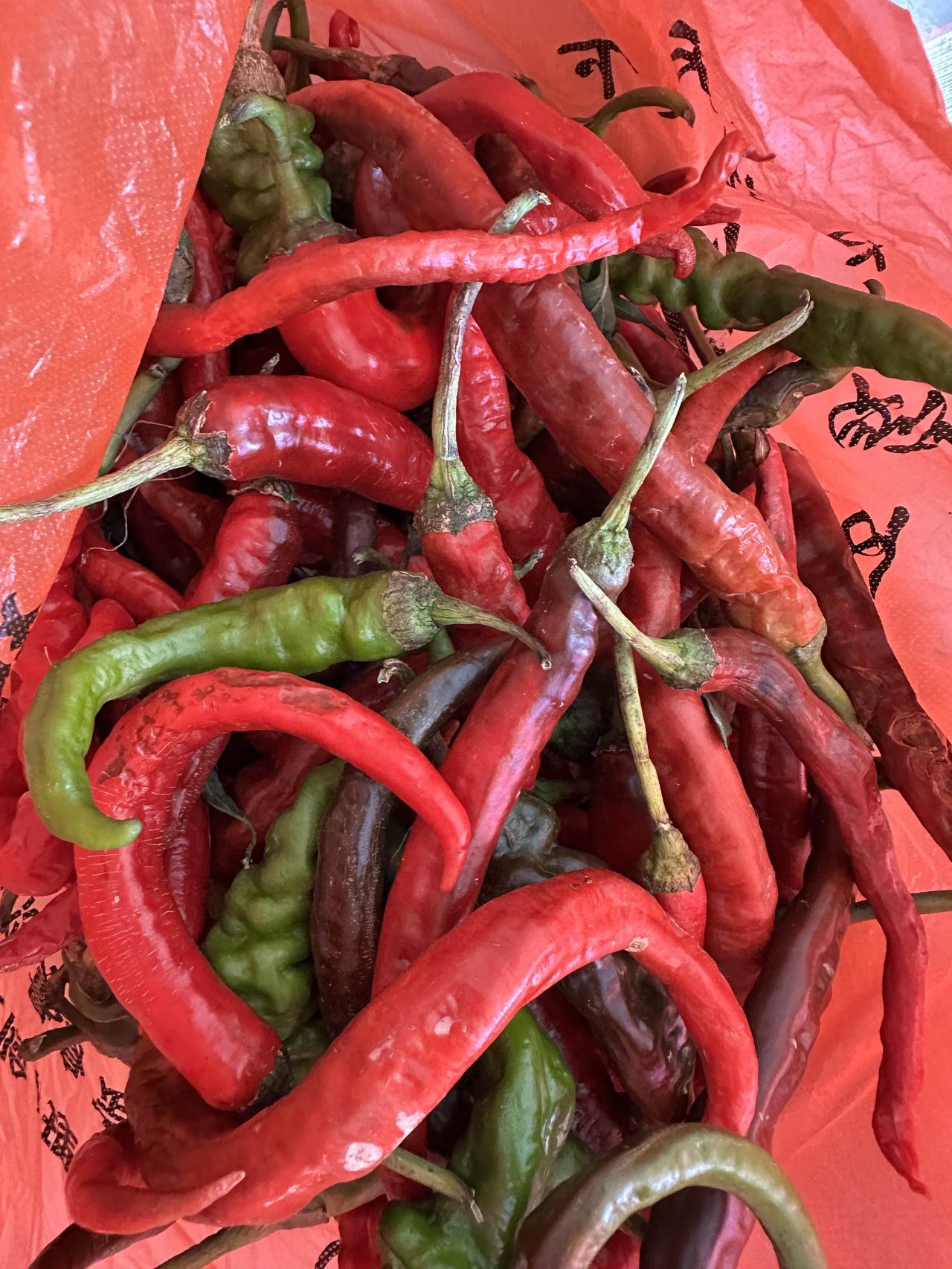 只要有机会，
我都会晒点红辣椒干冬天炒菜用。
今天特意去农贸市场买的红辣椒，
1
