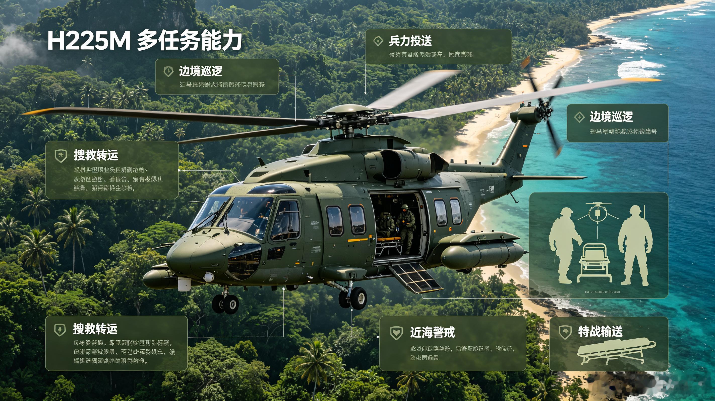 H225M代号狞猫，巴西编号UH-15，由空客授权本土工厂组装，三军通用中型双发