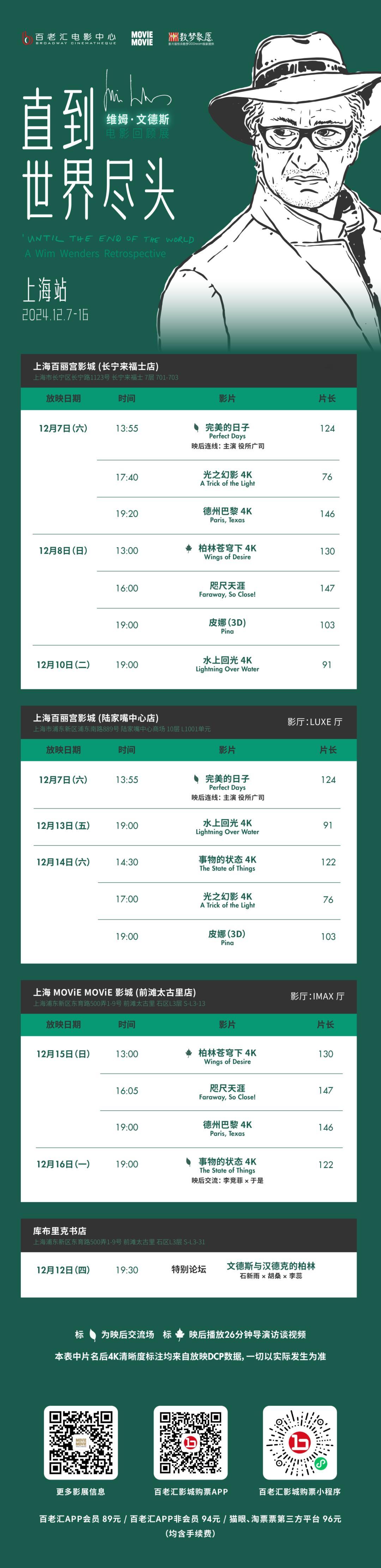 影展  维姆·文德斯电影回顾展终于来到了上海，排片表已出，12月4日（明日）中午