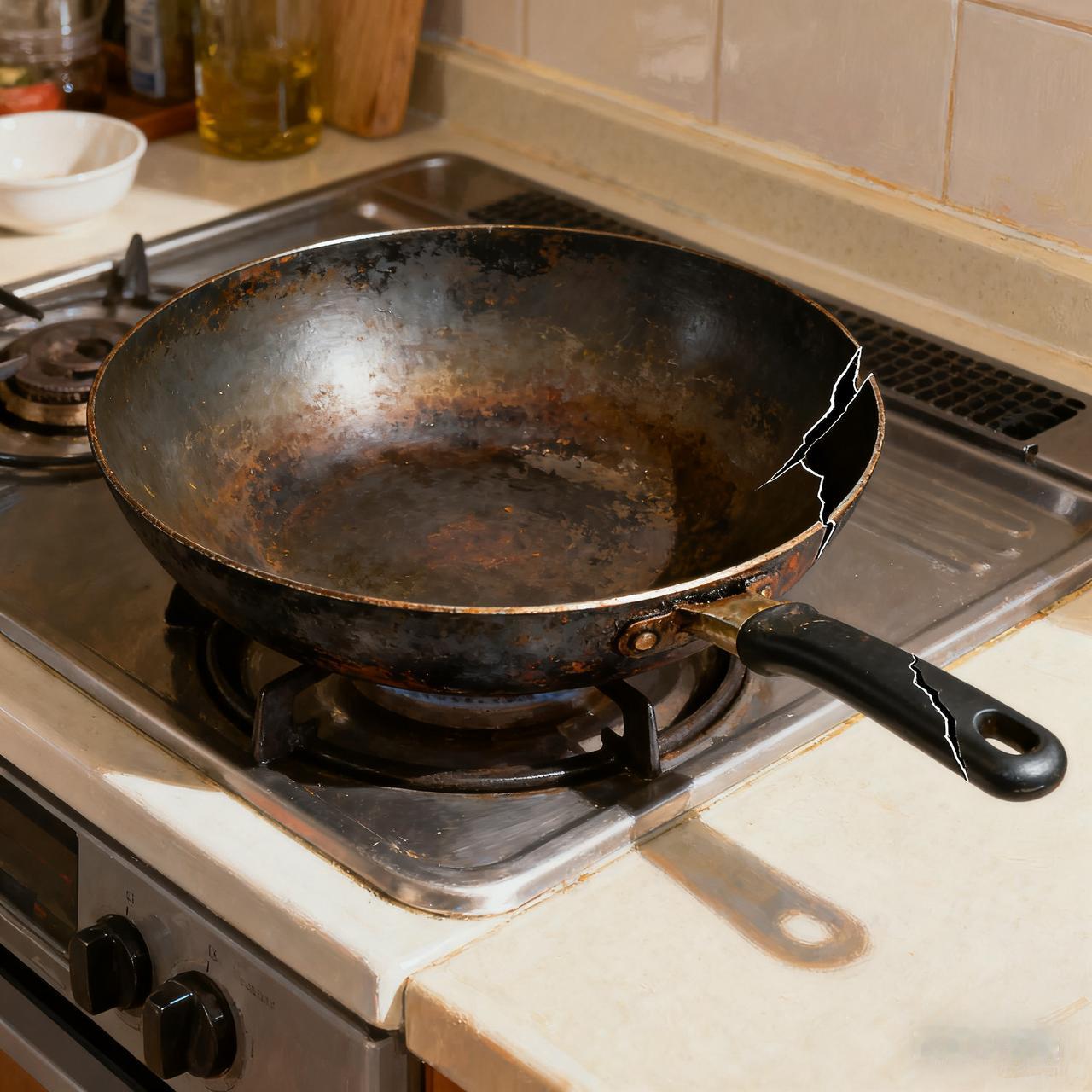 炒菜的锅坏了——手柄右侧五六公分处裂了道大口子。咋坏的？啥时候坏的？我这做饭的压