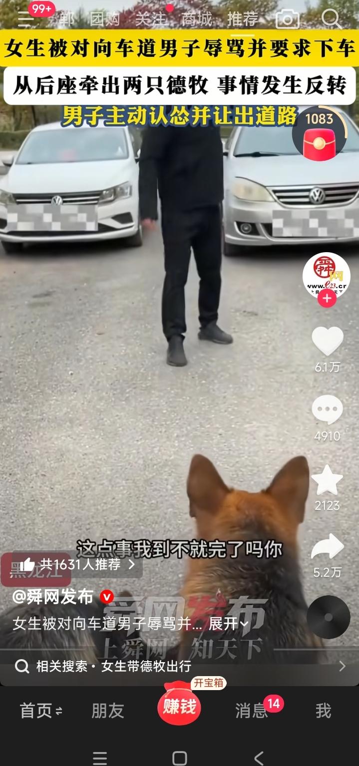 我想养一只大型犬，就在此刻！
一男司机和一女司机开车在对向车道相遇，男子看到对面
