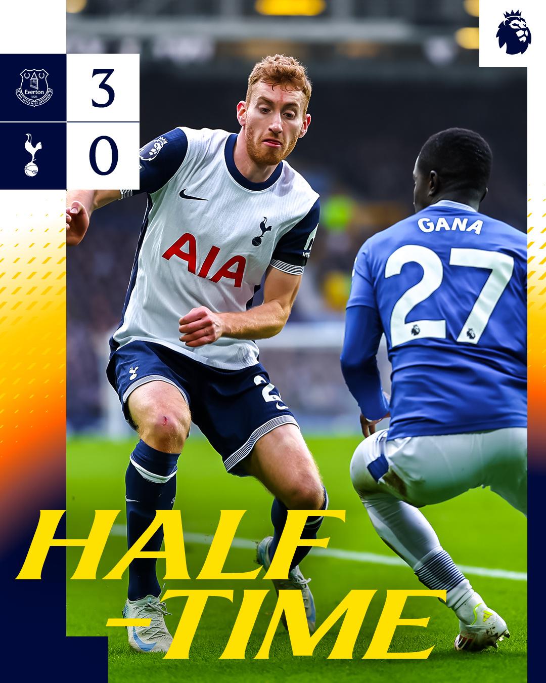 上半场比赛结束，比分埃弗顿3-0热刺 