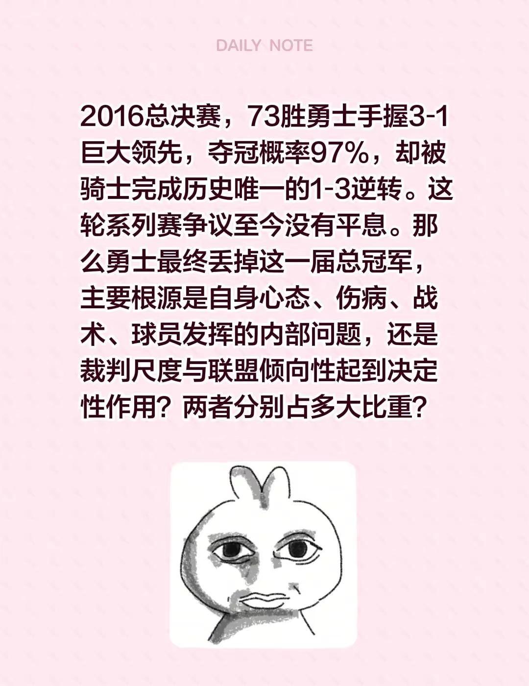 2016总决赛，73胜勇士手握3‑1巨大领先，夺冠概率97%，却被骑士完成历史唯