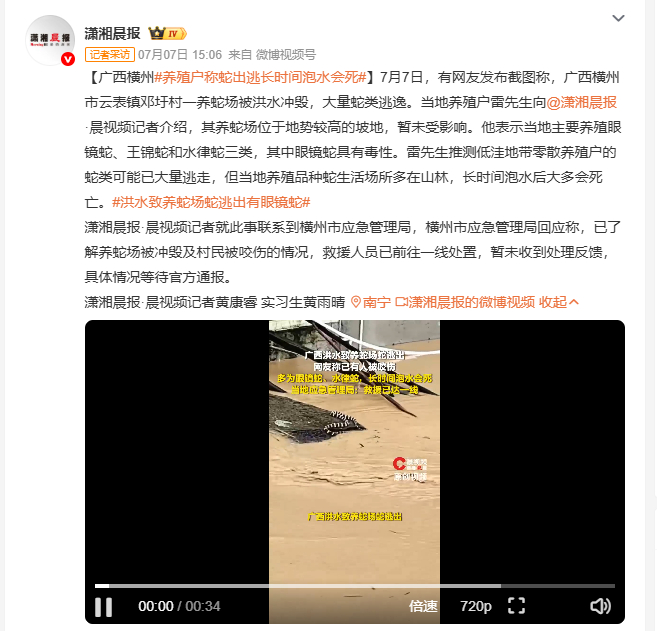 养殖户称蛇出逃长时间泡水会死 广西横州遭遇洪涝灾害，部分低洼区域养蛇场被洪水冲毁