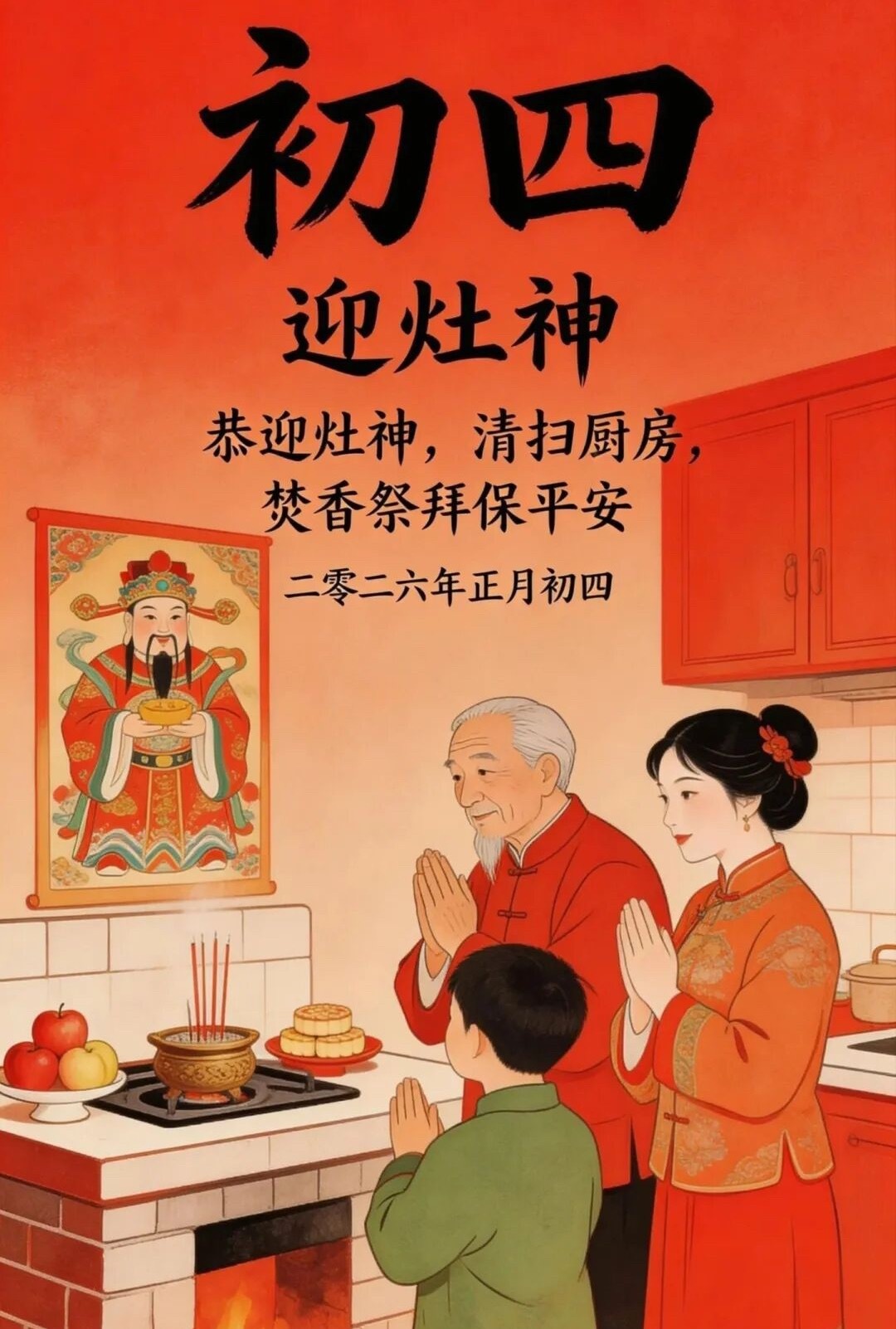 大年初四，迎灶神，接财神，纳福气，新的一年，定会福禄圆满，蒸蒸日上！ 大年初四 